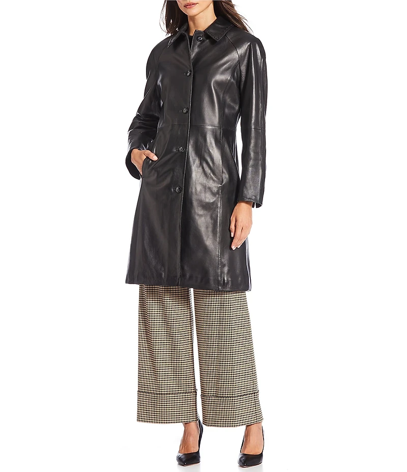 Katherine Kelly Genuine Lamb Leather Detailed Trim Shirt Collar Button Front Jacket