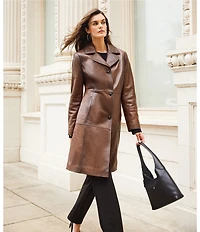 Katherine Kelly Genuine Lamb Leather Notch Collar Button Front Coat