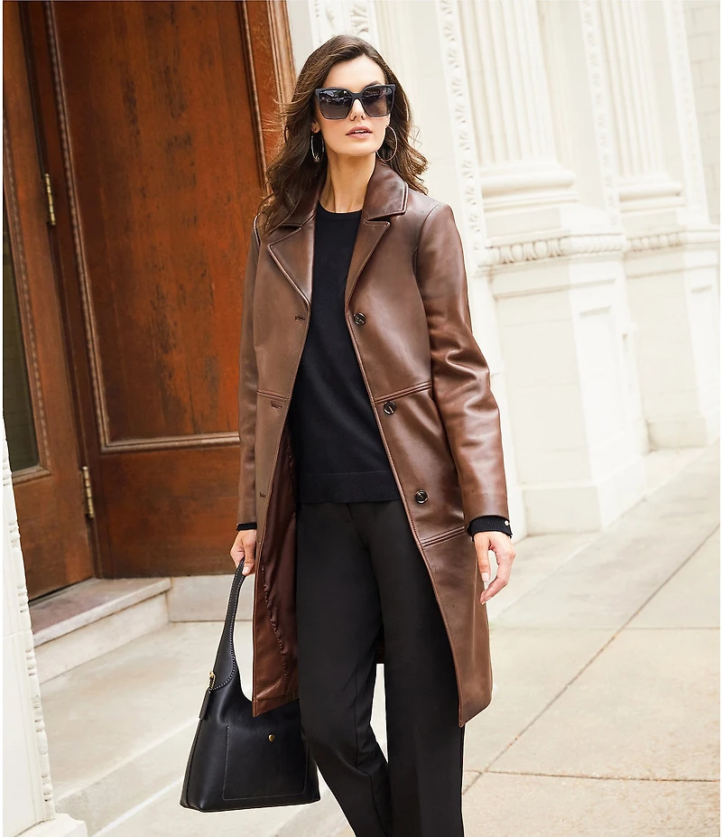 Katherine Kelly Genuine Lamb Leather Notch Collar Button Front Coat