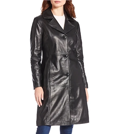 Katherine Kelly Genuine Lamb Leather Notch Collar Button Front Coat
