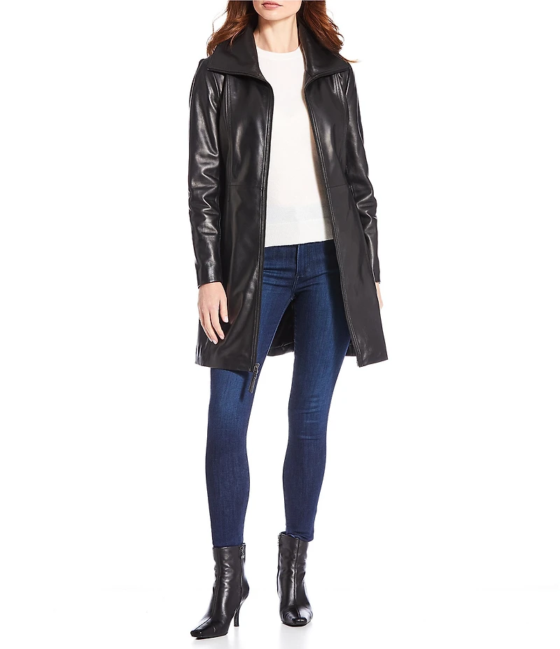 Katherine Kelly Genuine Lamb Leather Zip Front Wing Collar Jacket