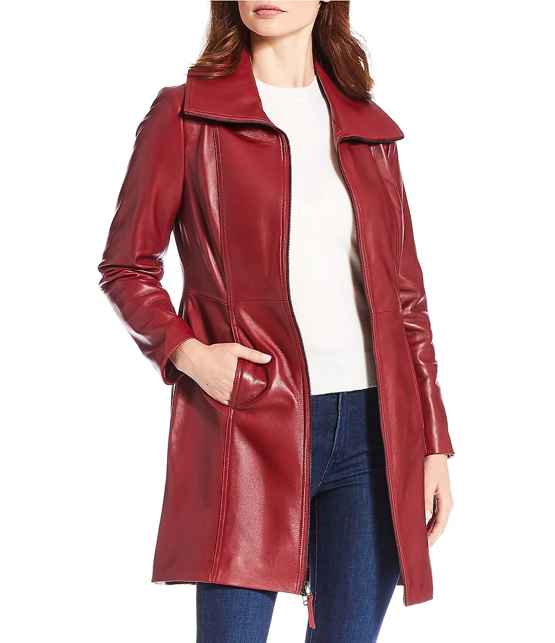 Katherine Kelly Genuine Lamb Leather Zip Front Wing Collar Jacket