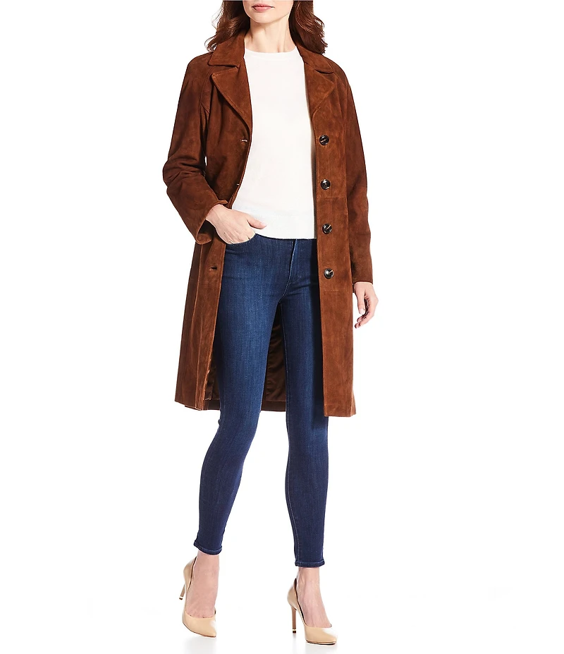 Katherine Kelly Genuine Leather Suede Classic Notch Collar Trench Coat