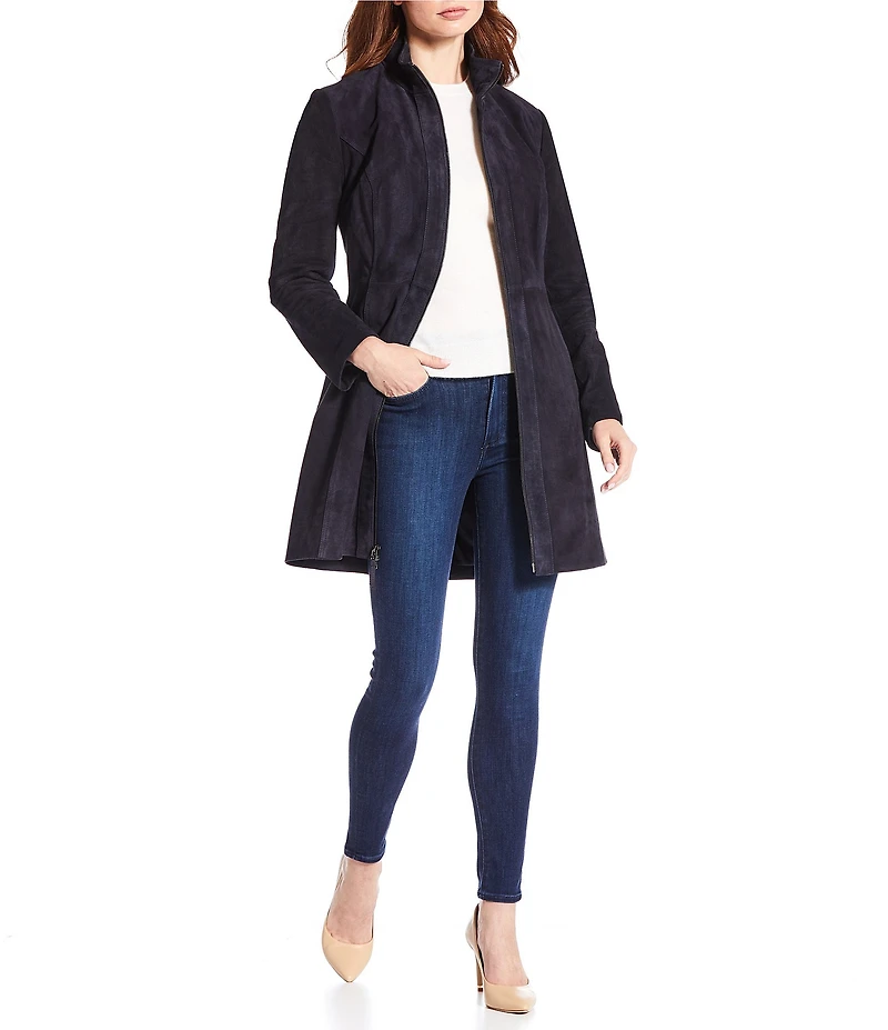 Katherine Kelly Genuine Leather Suede Zip front Stand Collar Jacket