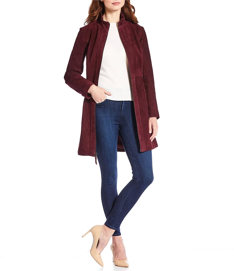Katherine Kelly Genuine Leather Suede Zip front Stand Collar Jacket