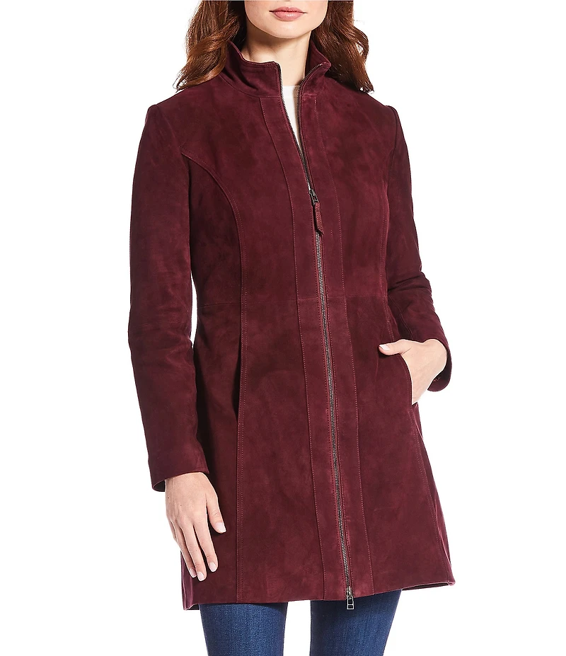 Katherine Kelly Genuine Leather Suede Zip front Stand Collar Jacket