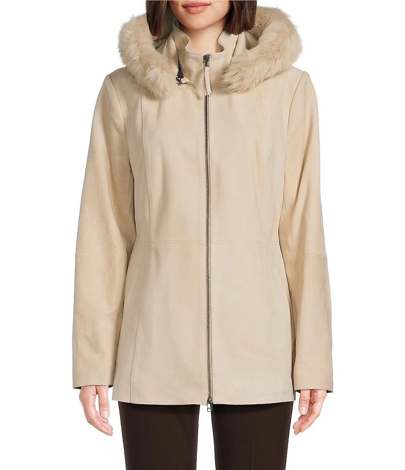 Katherine Kelly Genuine Suede Leather Jacket With Removable Shearling Hood
