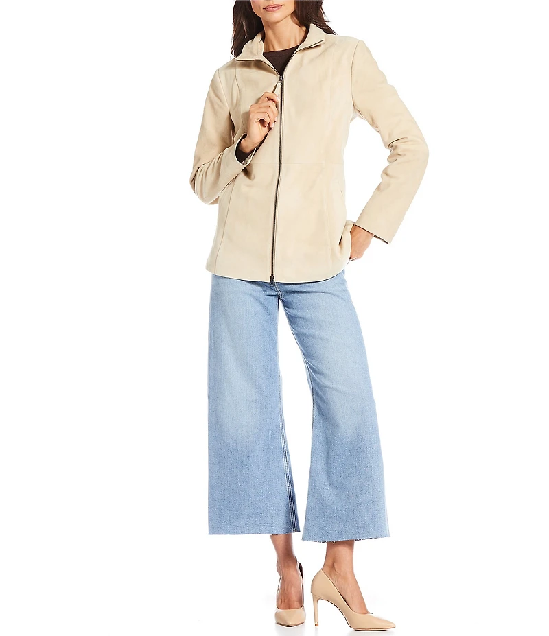Katherine Kelly Genuine Suede Leather Jacket With Removable Shearling Hood