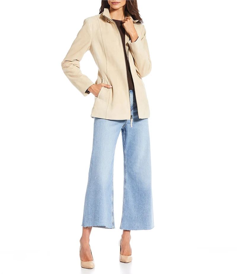 Katherine Kelly Genuine Suede Leather Jacket With Removable Shearling Hood