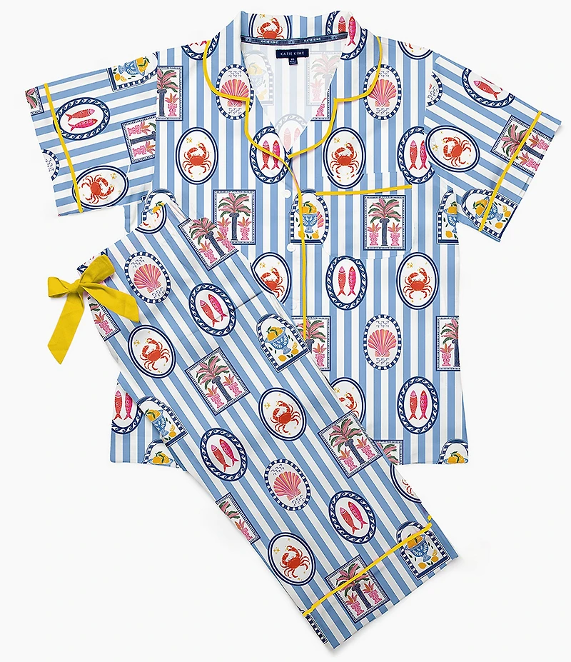 Katie Kime Amalfi Cape Cod Short Sleeve Notch Collar Woven Long Pajama Set