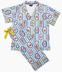 Katie Kime Seaside Stripe Short Sleeve Notch Collar Woven Long Pajama Set