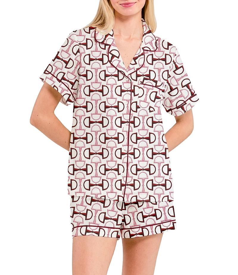 Katie Kime Chain Bit Print Short Sleeve Notch Collar Woven Shorty Pajama Set