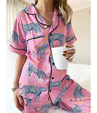 Katie Kime Cosmic Cheetah Woven Top and Pant Pajama Set