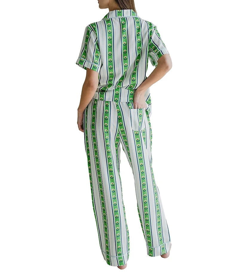 Katie Kime Garden Stripe Woven Short Sleeve Notch Collar Long Pajama Set