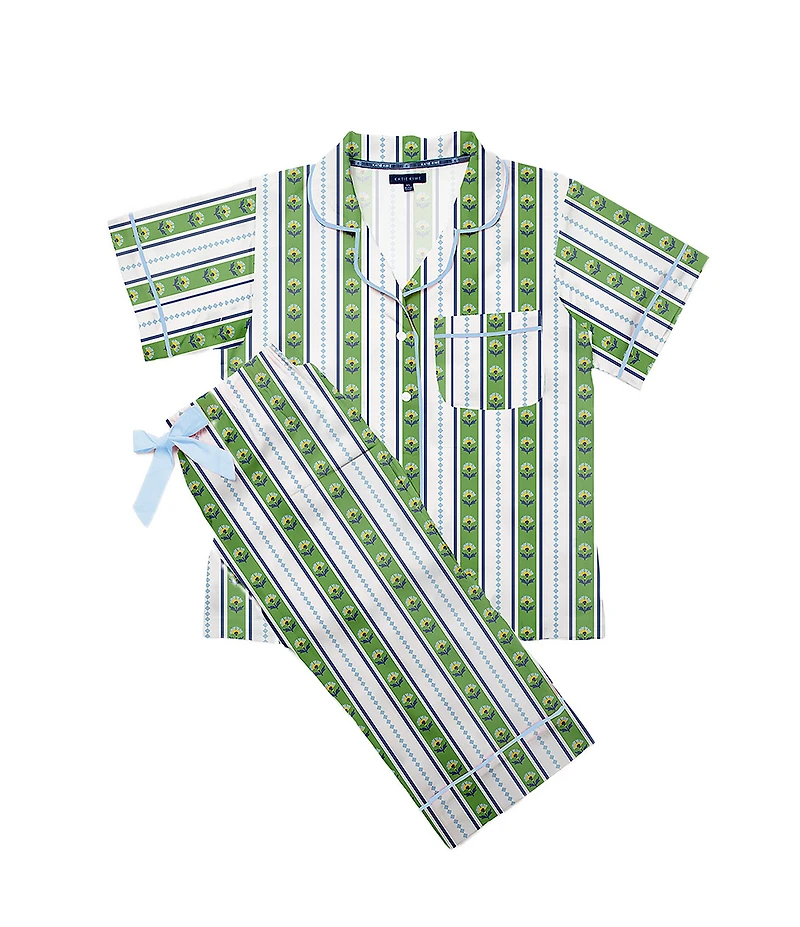 Katie Kime Garden Stripe Woven Short Sleeve Notch Collar Long Pajama Set
