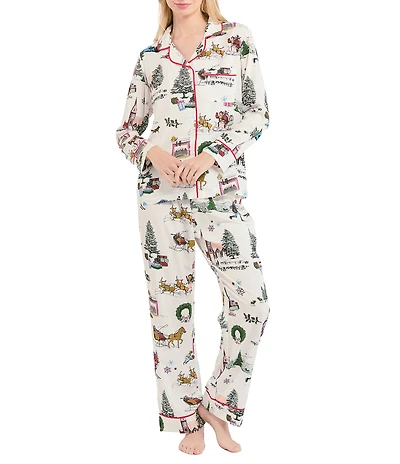 Katie Kime Holiday Multi Woven Long Sleeve Notch Collar Long Pajama Set