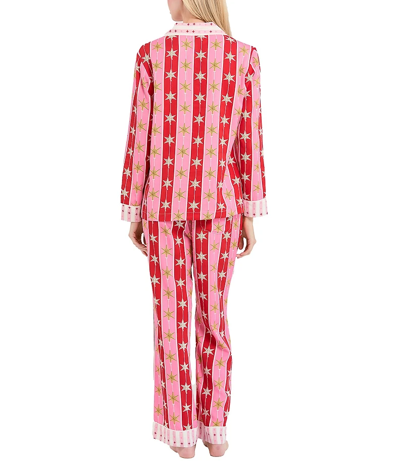 Katie Kime Holiday Star Print Woven Long Sleeve Notch Collar Long Pajama Set