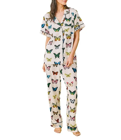 Katie Kime Mariposa Print Woven Short Sleeve Notch Collar Long Pajama Set