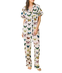 Katie Kime Mariposa Print Woven Short Sleeve Notch Collar Long Pajama Set