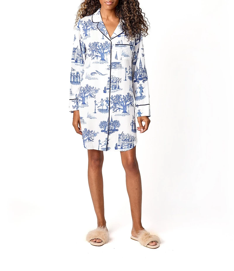 Katie Kime New Orleans Toile Printed Cotton Woven Notch Collar Long Sleeve Button Front Sleep Shirt