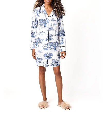 Katie Kime New Orleans Toile Printed Cotton Woven Notch Collar Long Sleeve Button Front Sleep Shirt
