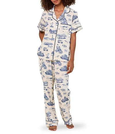 Katie Kime North Carolina Toile Woven Short Sleeve Notch Collar Long Pajama Set