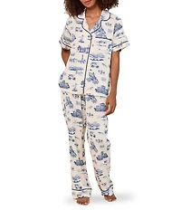 Katie Kime North Carolina Toile Woven Short Sleeve Notch Collar Long Pajama Set