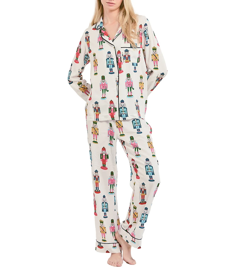 Katie Kime Nutcracker Woven Long Sleeve Notch Collar Long Holiday Pajama Set