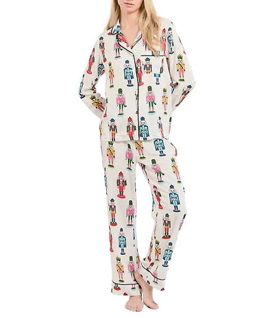 Katie Kime Nutcracker Woven Long Sleeve Notch Collar Long Holiday Pajama Set