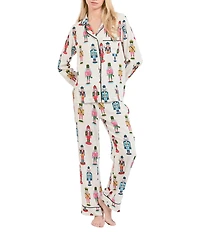 Katie Kime Nutcracker Woven Long Sleeve Notch Collar Long Holiday Pajama Set