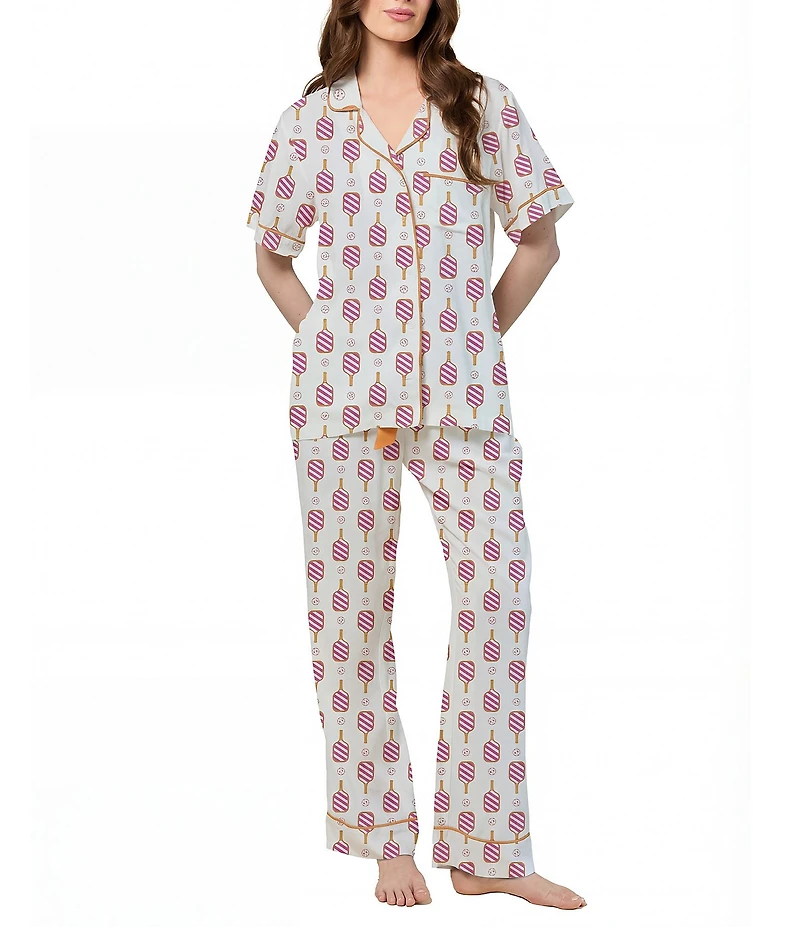 Katie Kime Pickleball Print Woven Short Sleeve Notch Collar Long Pajama Set