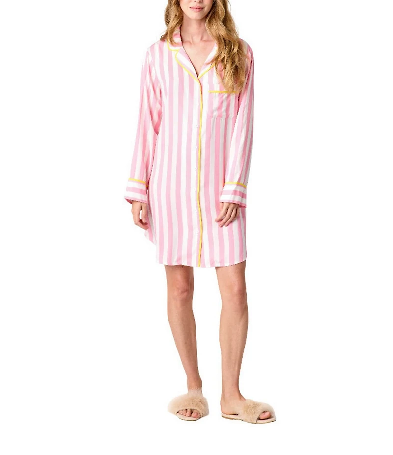 Katie Kime Retro Stripe Printed Cotton Woven Notch Collar Long Sleeve Button Front Sleep Shirt