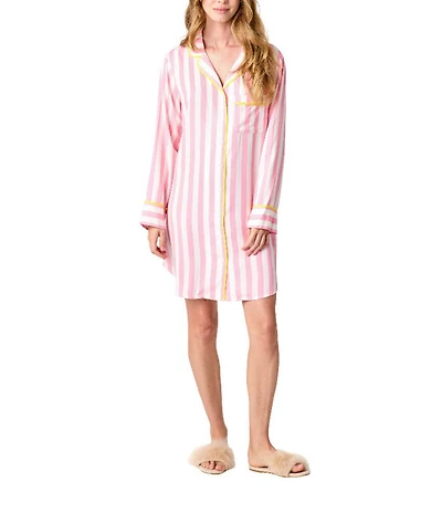 Katie Kime Retro Stripe Printed Cotton Woven Notch Collar Long Sleeve Button Front Sleep Shirt