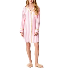 Katie Kime Retro Stripe Printed Cotton Woven Notch Collar Long Sleeve Button Front Sleep Shirt