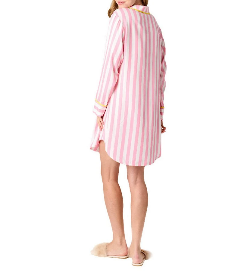 Katie Kime Retro Stripe Printed Cotton Woven Notch Collar Long Sleeve Button Front Sleep Shirt