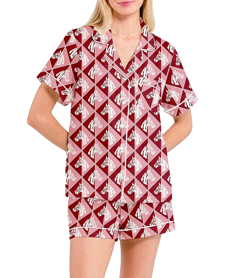 Katie Kime Saddle Club Print Short Sleeve Notch Collar Woven Shorty Pajama Set