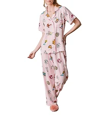 Katie Kime Short Sleeve Notch Collar Woven Zodiac Striped Print Pajama Pant Set