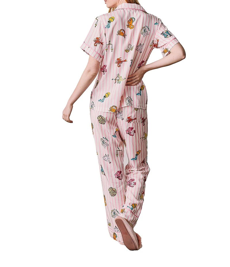 Katie Kime Short Sleeve Notch Collar Woven Zodiac Striped Print Pajama Pant Set