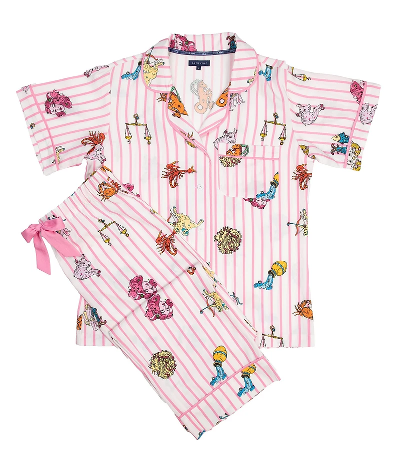 Katie Kime Short Sleeve Notch Collar Woven Zodiac Striped Print Pajama Pant Set