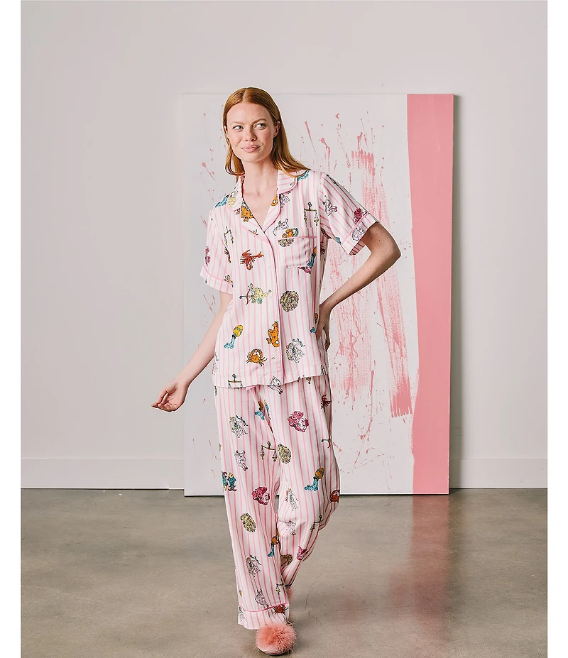 Katie Kime Short Sleeve Notch Collar Woven Zodiac Striped Print Pajama Pant Set