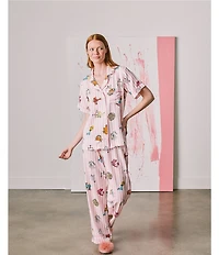 Katie Kime Short Sleeve Notch Collar Woven Zodiac Striped Print Pajama Pant Set