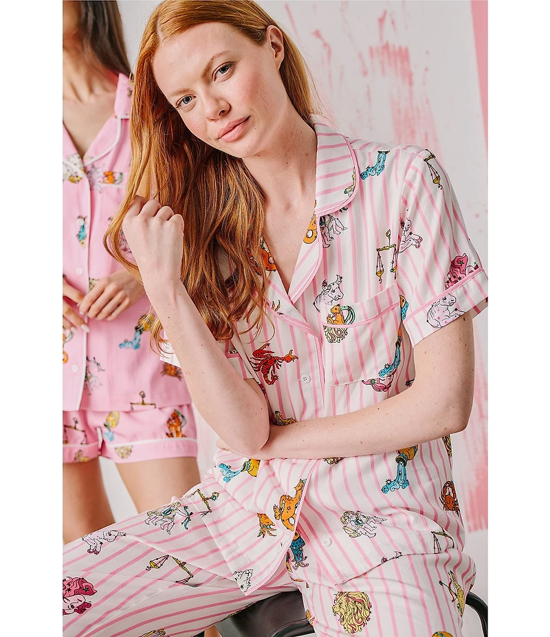 Katie Kime Short Sleeve Notch Collar Woven Zodiac Striped Print Pajama Pant Set