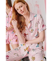 Katie Kime Short Sleeve Notch Collar Woven Zodiac Striped Print Pajama Pant Set