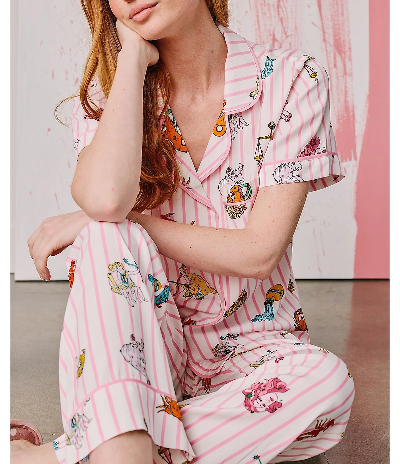 Katie Kime Short Sleeve Notch Collar Woven Zodiac Striped Print Pajama Pant Set