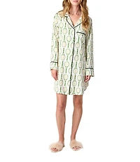 Katie Kime Tennis Time Printed Cotton Woven Notch Collar Long Sleeve Button Front Sleep Shirt