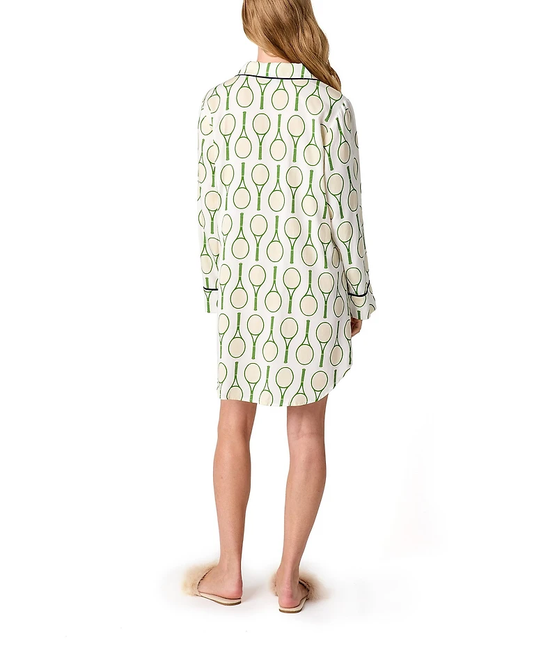 Katie Kime Tennis Time Printed Cotton Woven Notch Collar Long Sleeve Button Front Sleep Shirt