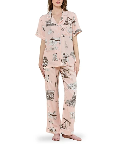 Katie Kime Texas Toile Woven Short Sleeve Notch Collar Long Pajama Set