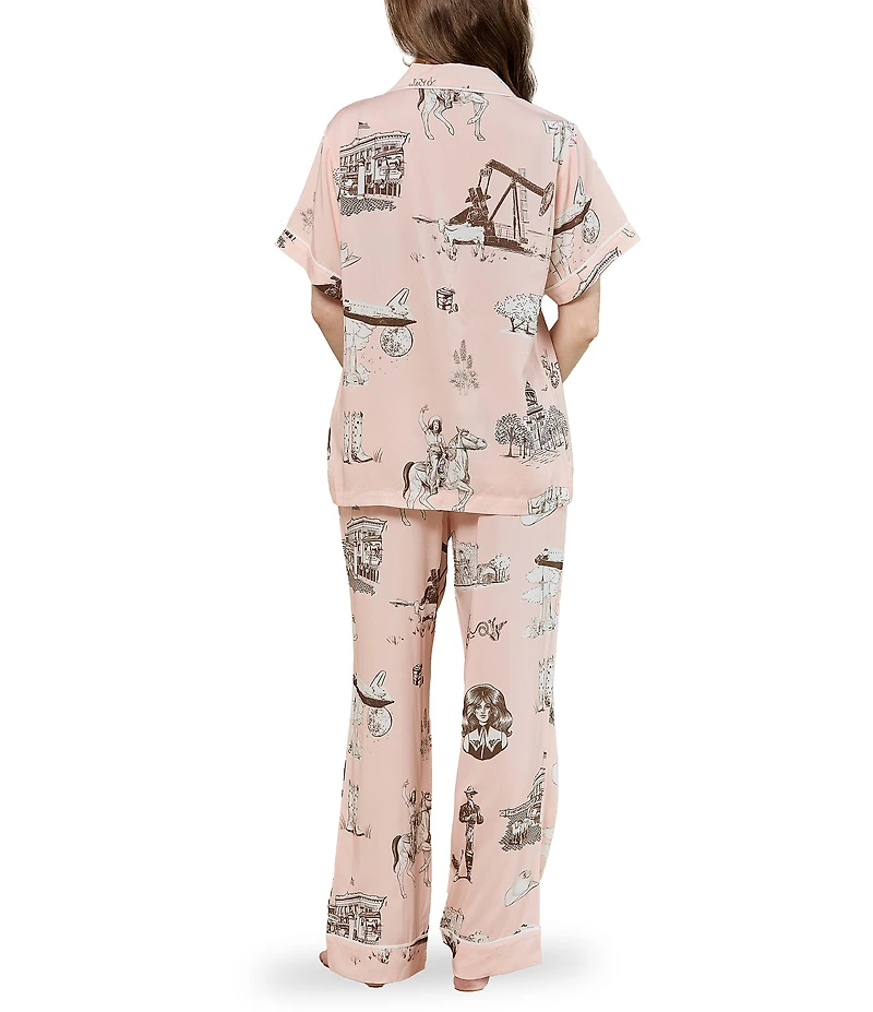Katie Kime Texas Toile Woven Short Sleeve Notch Collar Long Pajama Set