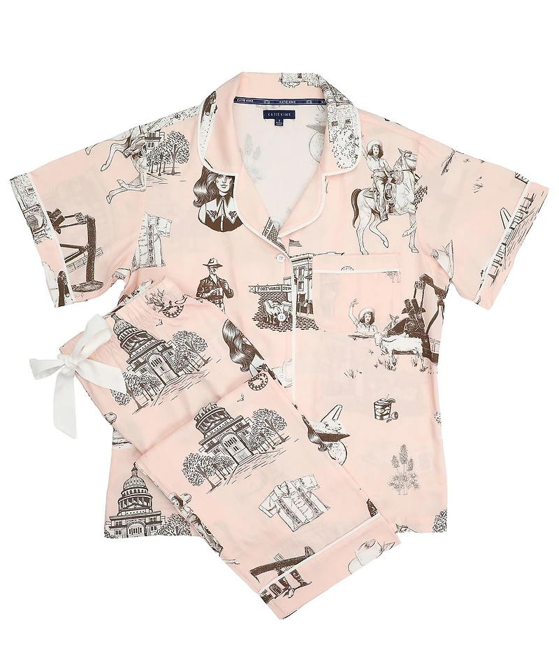Katie Kime Texas Toile Woven Short Sleeve Notch Collar Long Pajama Set