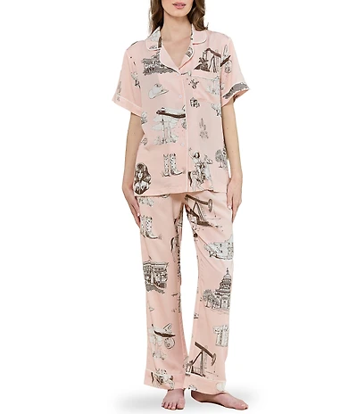 Katie Kime Texas Toile Woven Short Sleeve Notch Collar Long Pajama Set